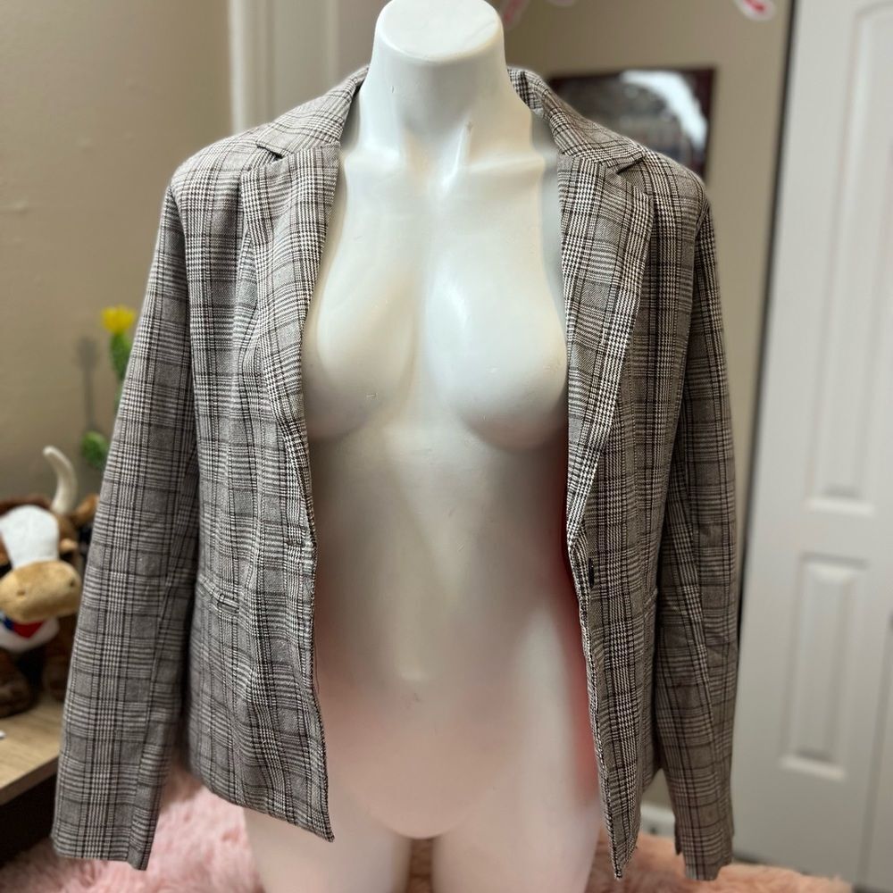 Chocolate USA PlaidโOpen Front Blazer Jacket Womenโs Size S Brown Tan Lined
